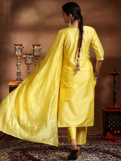 Gerua Yellow Embroidered Silk Blend Straight Suit With Dupatta