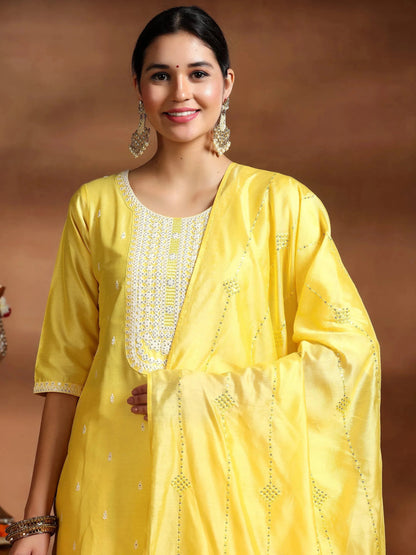 Gerua Yellow Embroidered Silk Blend Straight Suit With Dupatta