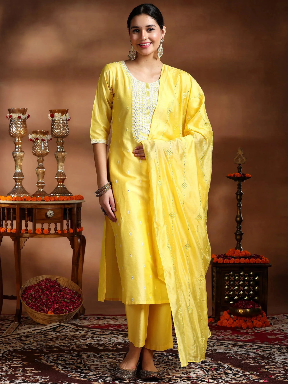Gerua Yellow Embroidered Silk Blend Straight Suit With Dupatta