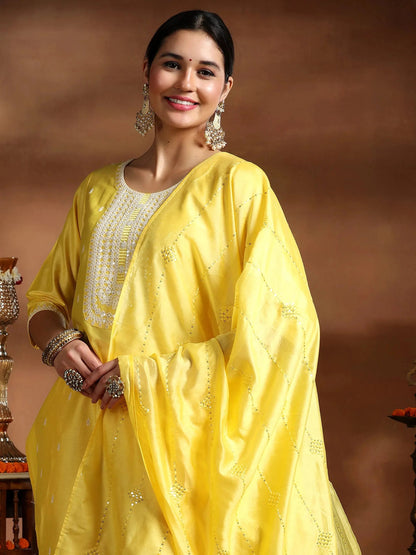 Gerua Yellow Embroidered Silk Blend Straight Suit With Dupatta