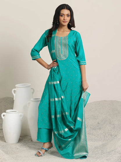 Gerua Teal Embroidered Silk Blend Straight Suit With Dupatta
