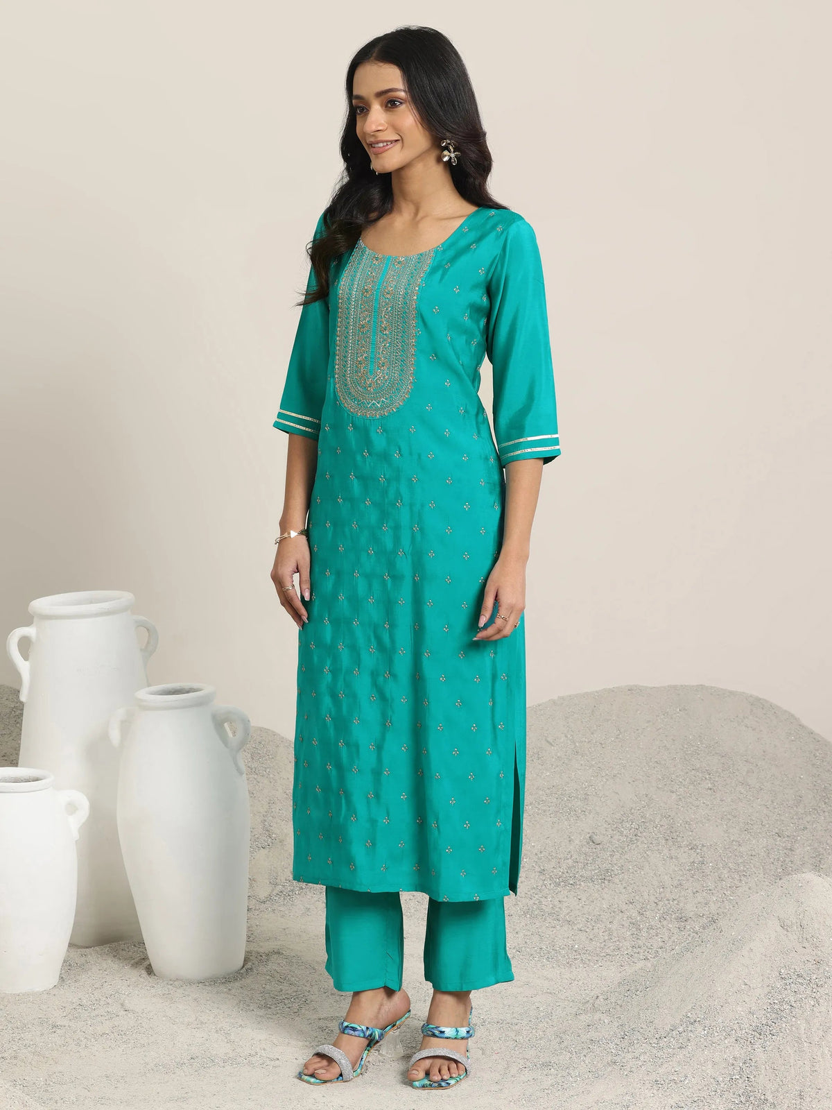 Gerua Teal Embroidered Silk Blend Straight Suit With Dupatta