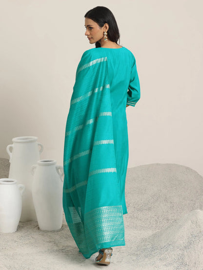 Gerua Teal Embroidered Silk Blend Straight Suit With Dupatta