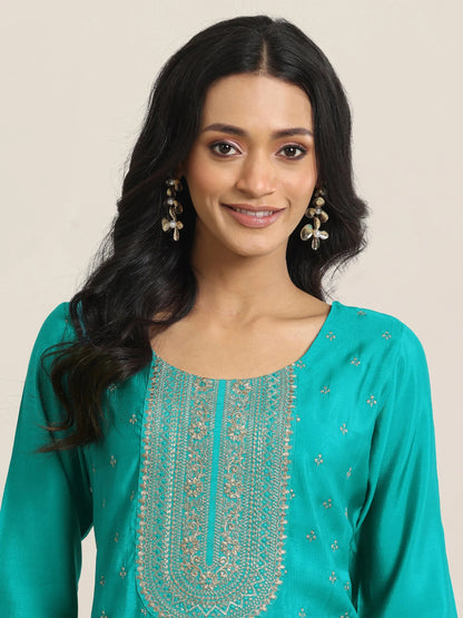 Gerua Teal Embroidered Silk Blend Straight Suit With Dupatta