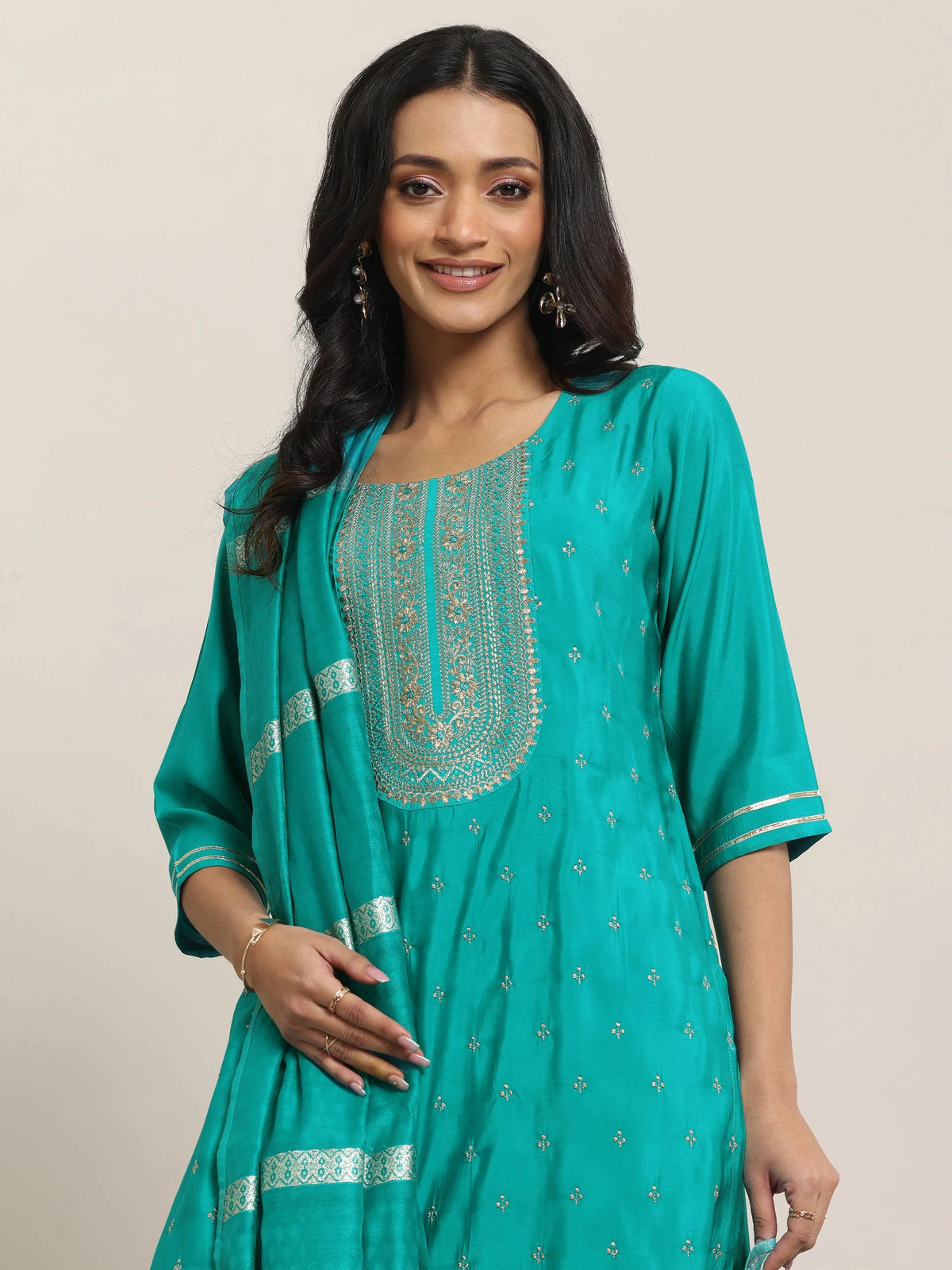 Gerua Teal Embroidered Silk Blend Straight Suit With Dupatta