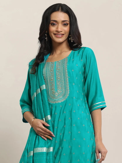 Gerua Teal Embroidered Silk Blend Straight Suit With Dupatta