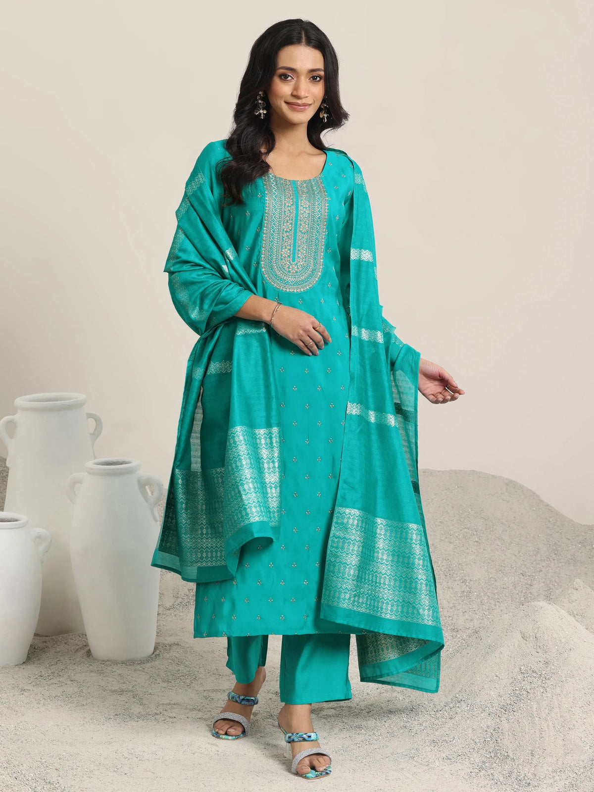 Gerua Teal Embroidered Silk Blend Straight Suit With Dupatta