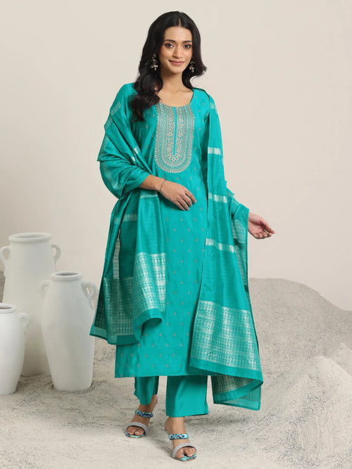 Gerua Teal Embroidered Silk Blend Straight Suit With Dupatta