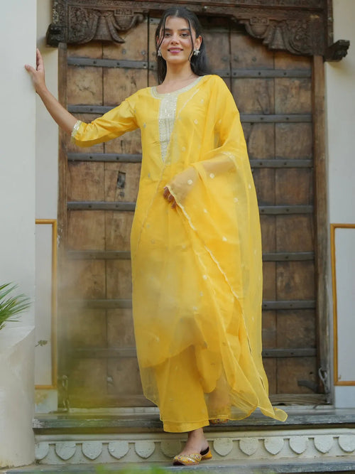 Gerua Yellow Embroidered Silk Blend Straight Suit With Dupatta
