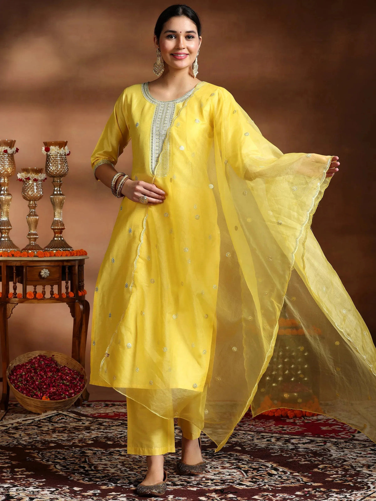 Gerua Yellow Embroidered Silk Blend Straight Suit With Dupatta