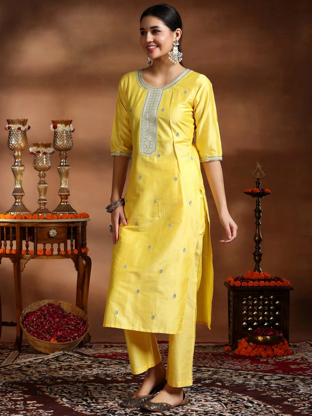 Gerua Yellow Embroidered Silk Blend Straight Suit With Dupatta