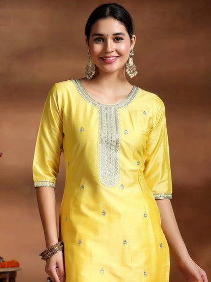 Gerua Yellow Embroidered Silk Blend Straight Suit With Dupatta