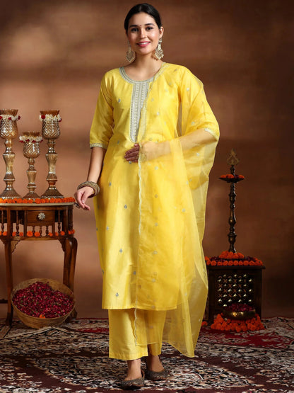 Gerua Yellow Embroidered Silk Blend Straight Suit With Dupatta