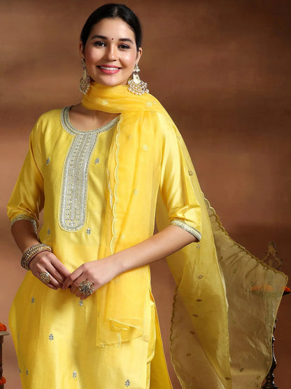 Gerua Yellow Embroidered Silk Blend Straight Suit With Dupatta