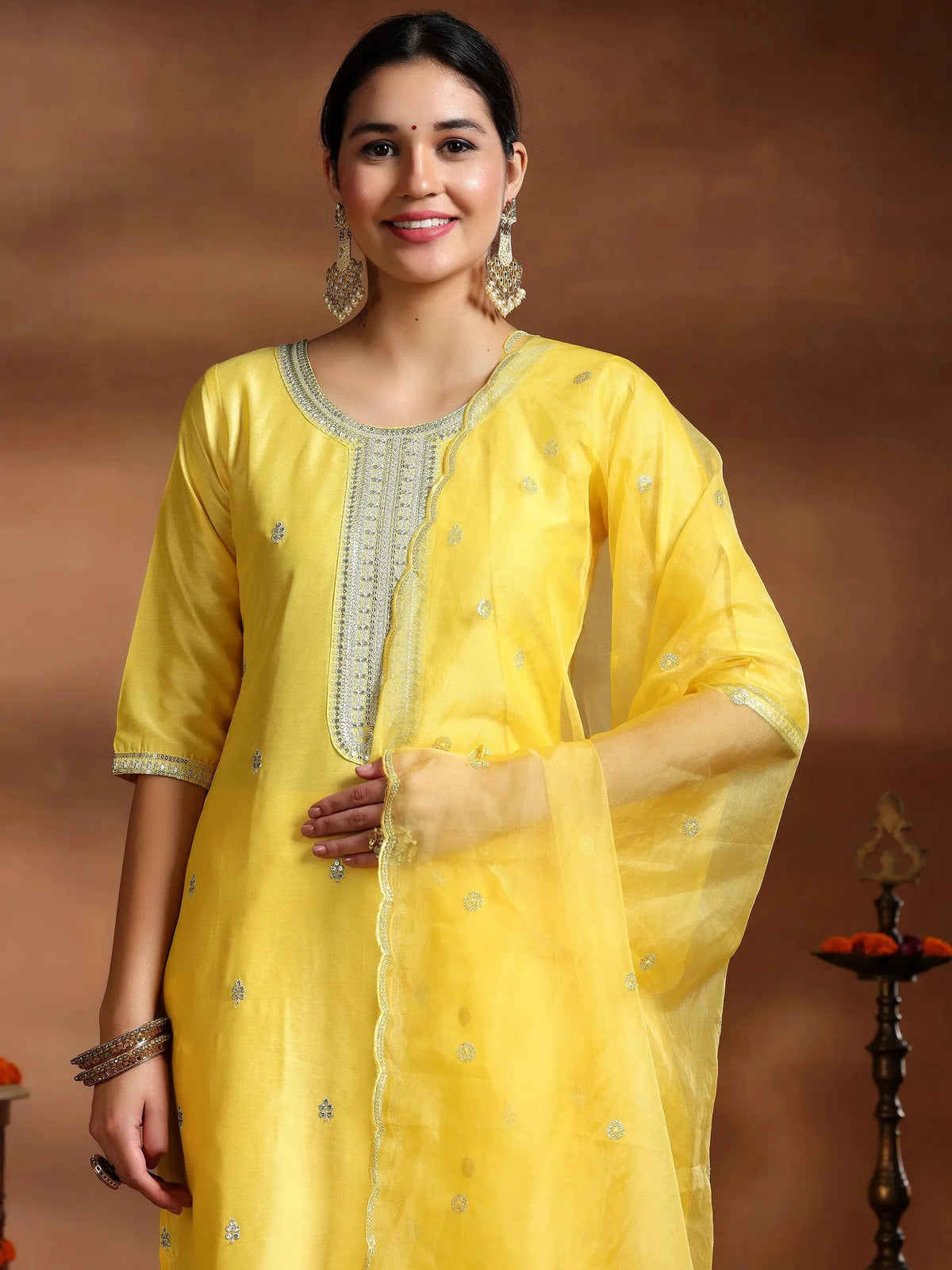 Gerua Yellow Embroidered Silk Blend Straight Suit With Dupatta