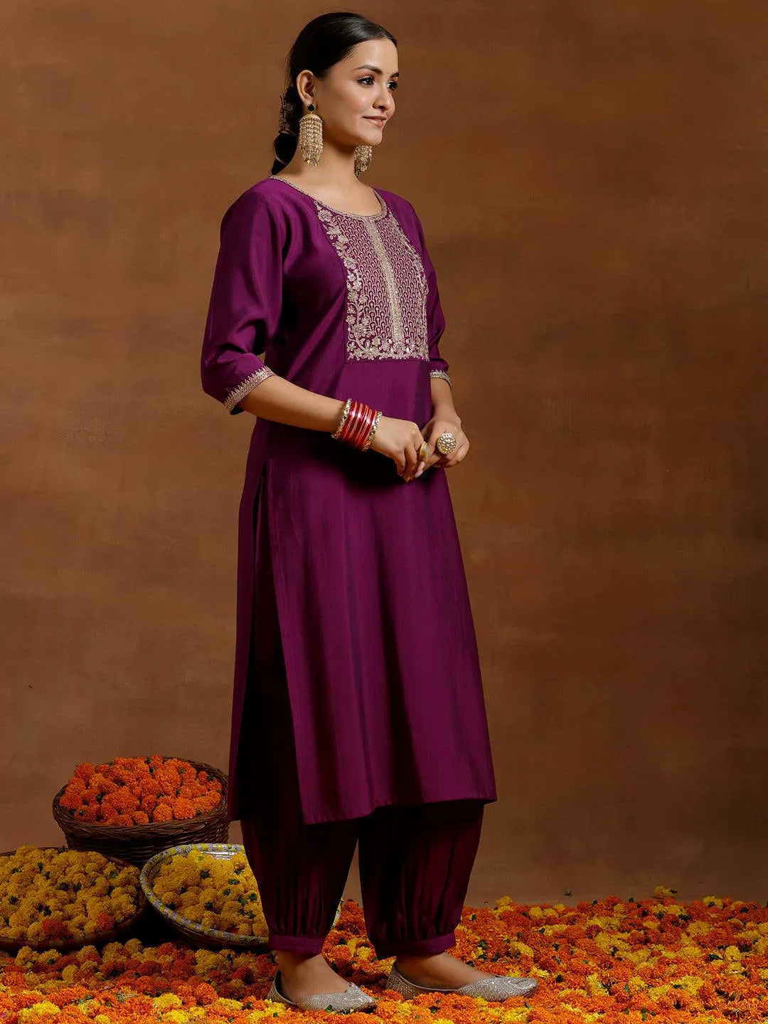 Gerua Purple Yoke Design Silk Blend Straight Suit With Dupatta