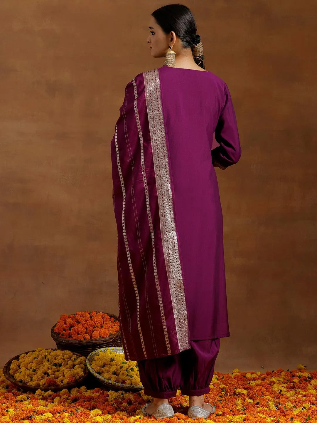 Gerua Purple Yoke Design Silk Blend Straight Suit With Dupatta