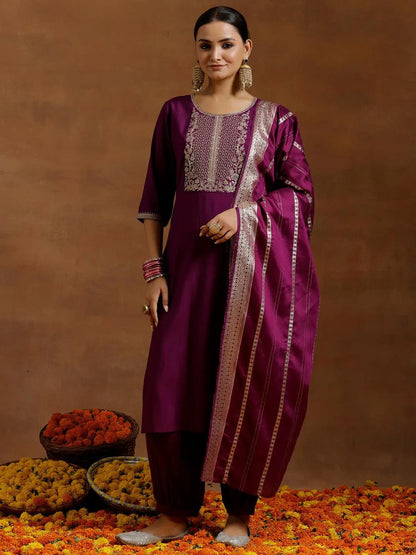 Gerua Purple Yoke Design Silk Blend Straight Suit With Dupatta