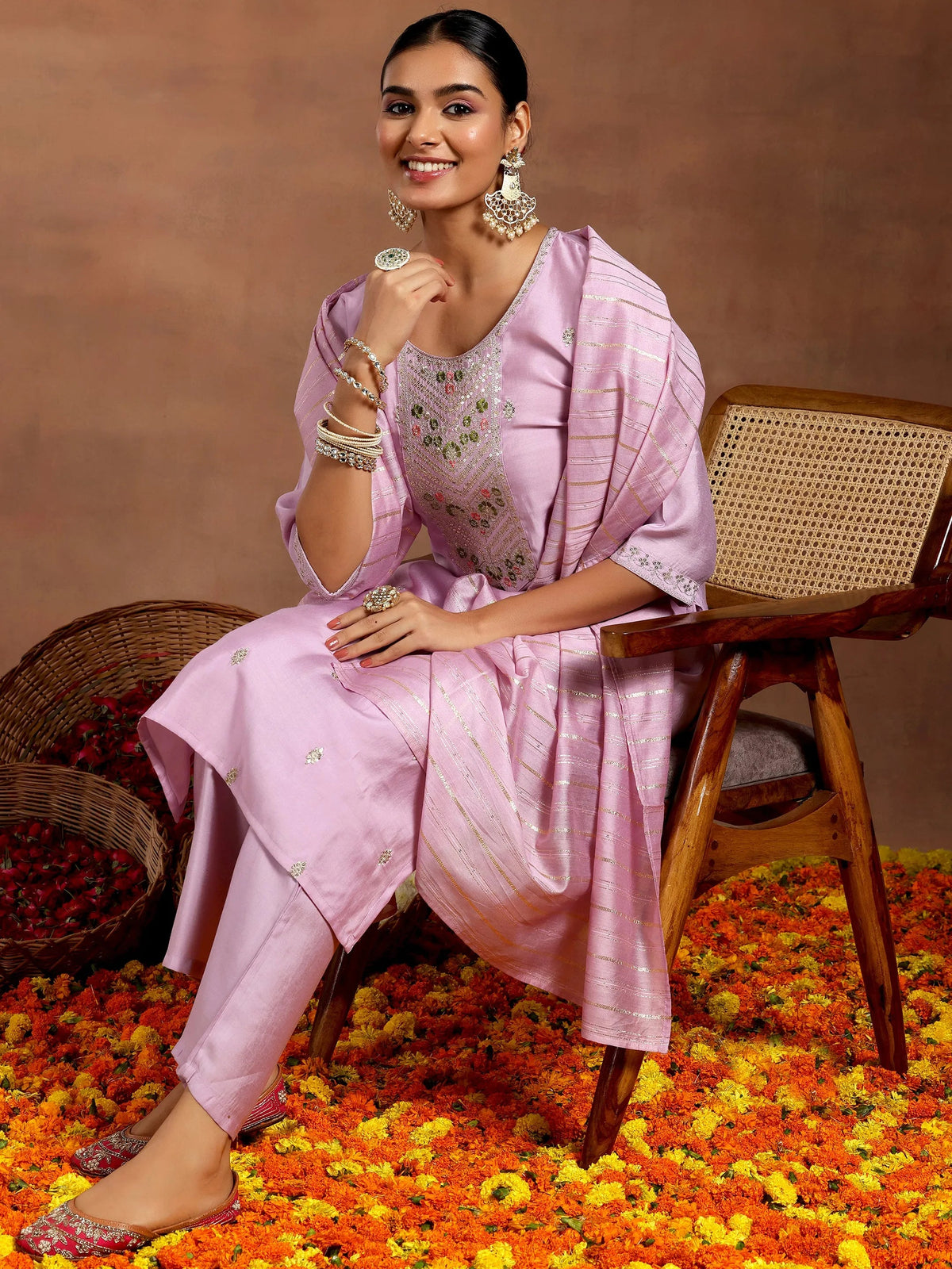 Gerua Lilac Embroidered Silk Blend Straight Suit With Dupatta