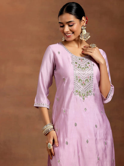 Gerua Lilac Embroidered Silk Blend Straight Suit With Dupatta