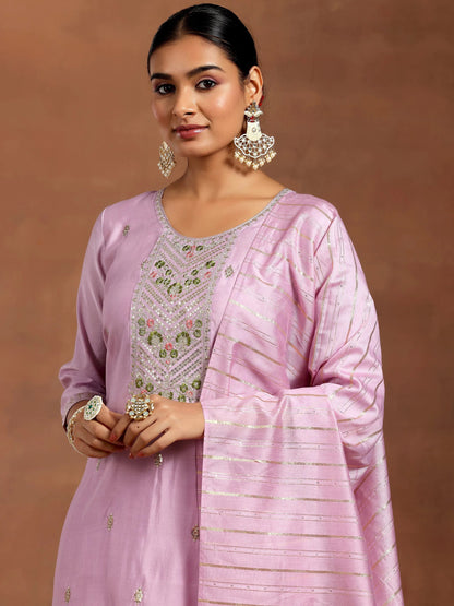 Gerua Lilac Embroidered Silk Blend Straight Suit With Dupatta