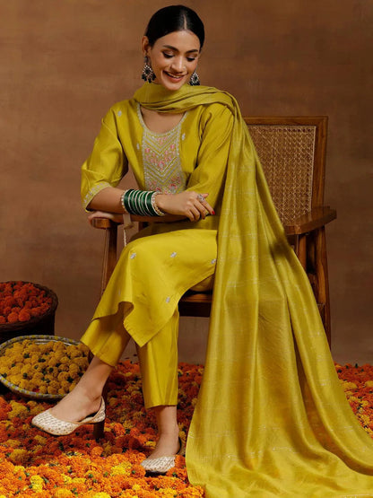 Gerua Yellow Embroidered Silk Blend Straight Suit With Dupatta