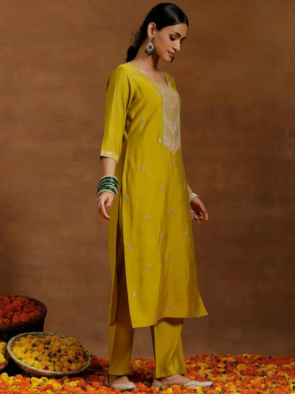 Gerua Yellow Embroidered Silk Blend Straight Suit With Dupatta