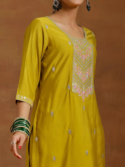 Gerua Yellow Embroidered Silk Blend Straight Suit With Dupatta