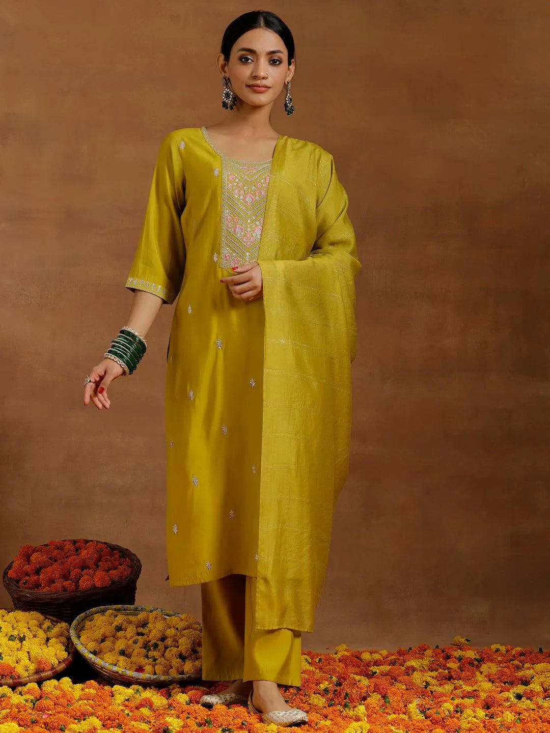 Gerua Yellow Embroidered Silk Blend Straight Suit With Dupatta