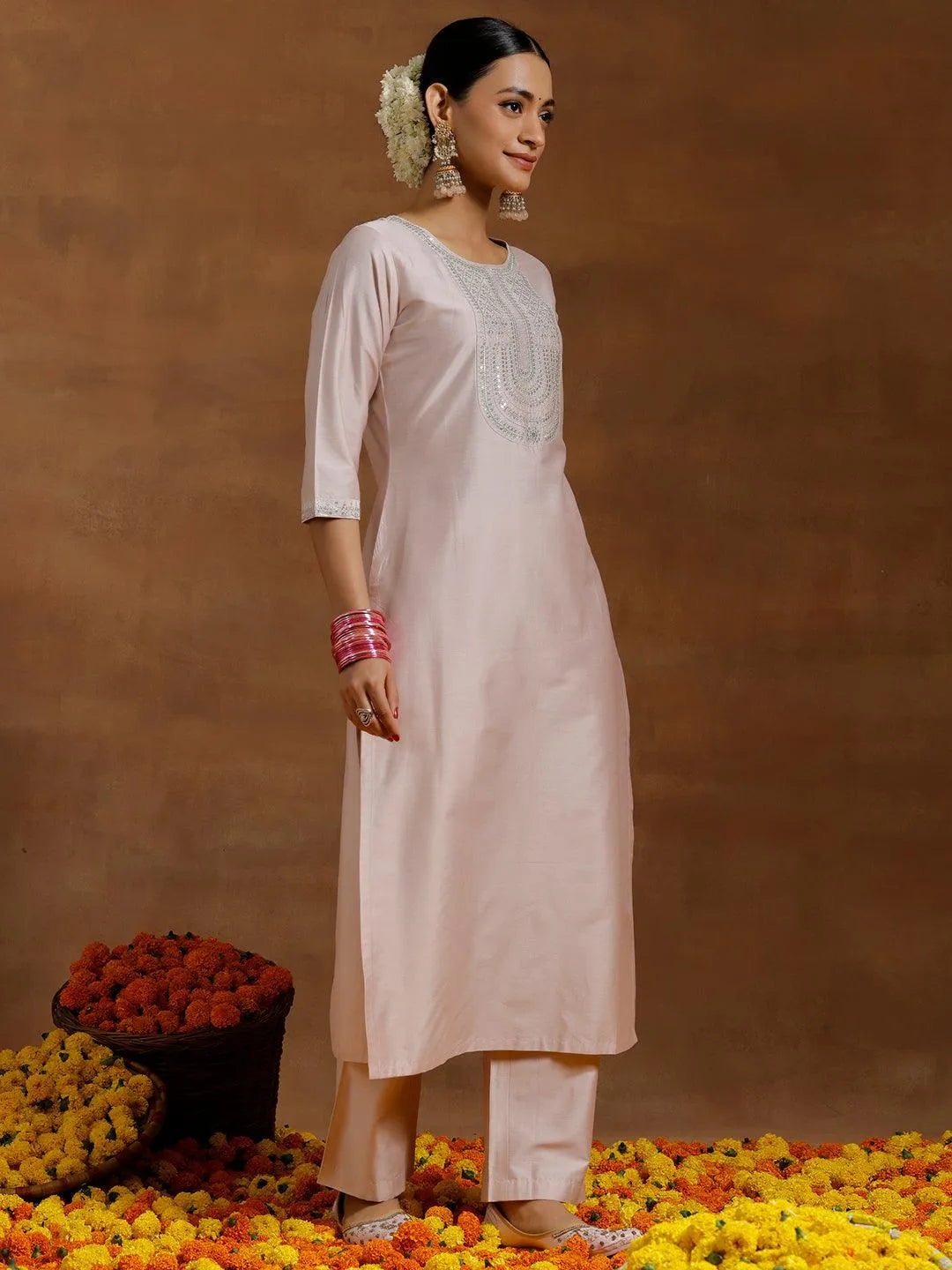 Gerua Light Pink Yoke Design Silk Blend Straight Suit With Dupatta