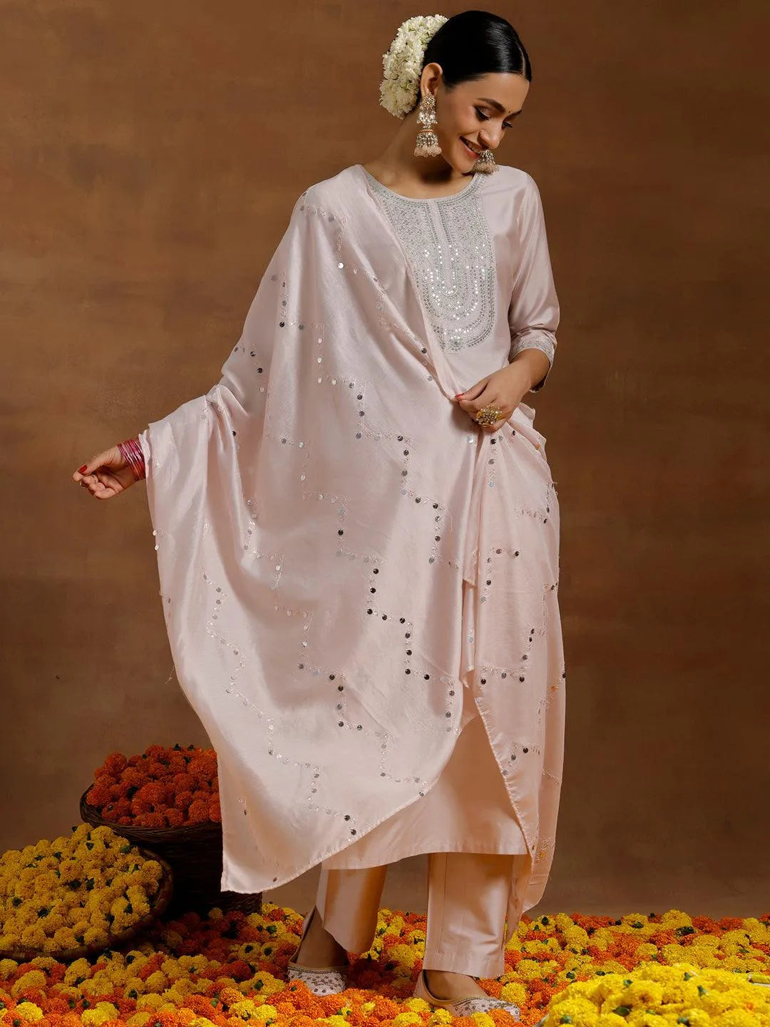 Gerua Light Pink Yoke Design Silk Blend Straight Suit With Dupatta