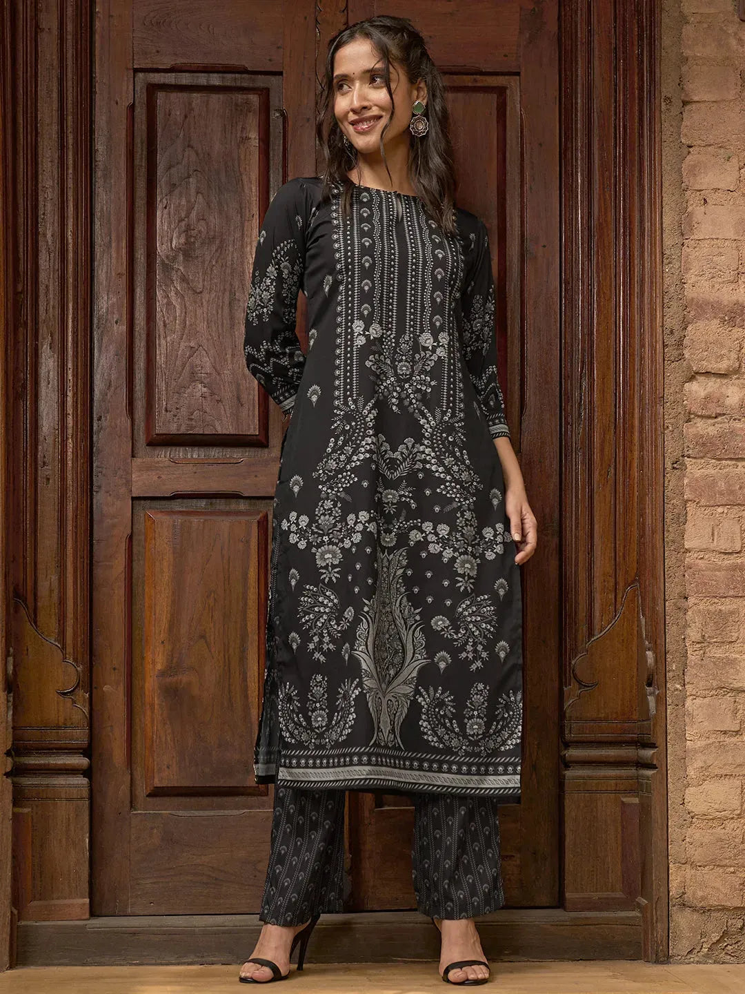 Libas Black Printed Crepe Straight Kurta Set