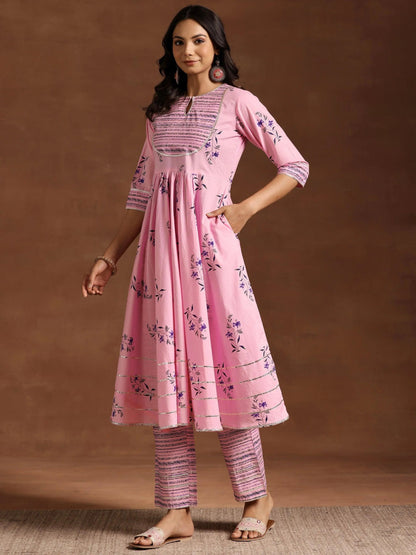 Libas Pink Printed Cotton Anarkali Suit With Dupatta