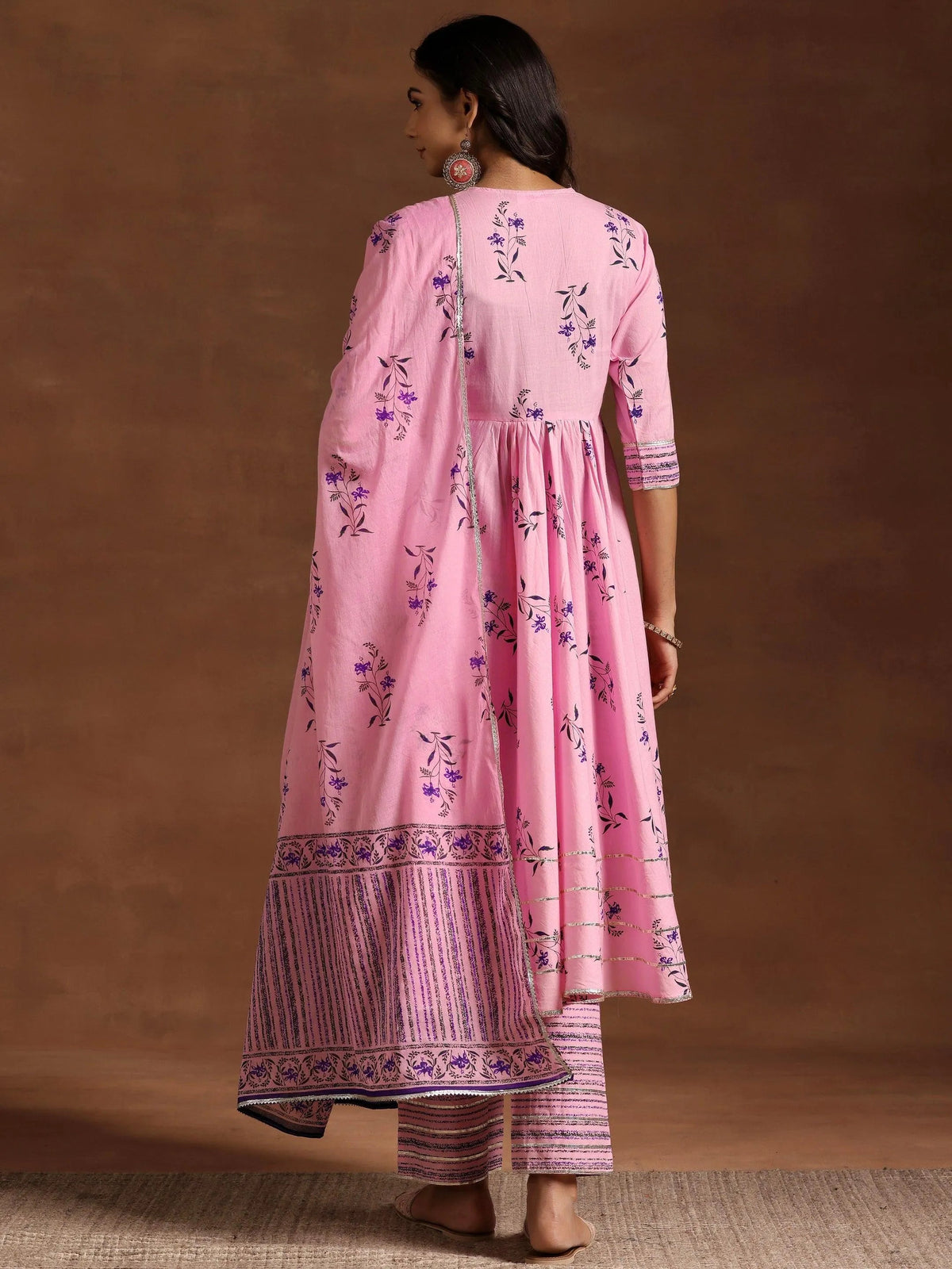 Libas Pink Printed Cotton Anarkali Suit With Dupatta