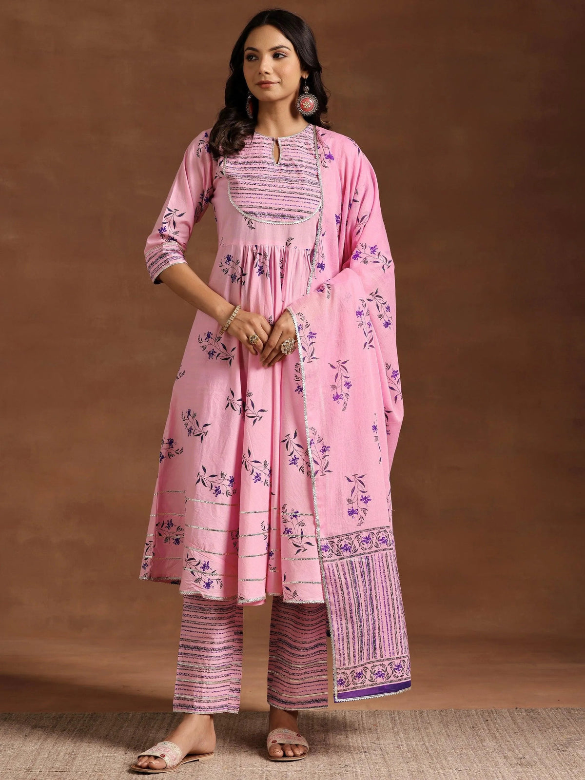 Libas Pink Printed Cotton Anarkali Suit With Dupatta