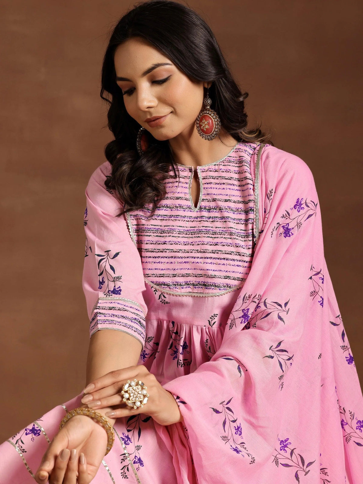 Libas Pink Printed Cotton Anarkali Suit With Dupatta