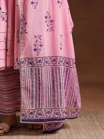 Libas Pink Printed Cotton Anarkali Suit With Dupatta