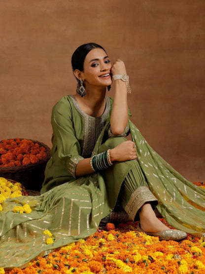 Gerua Green Yoke Design Silk Blend Straight Suit With Dupatta