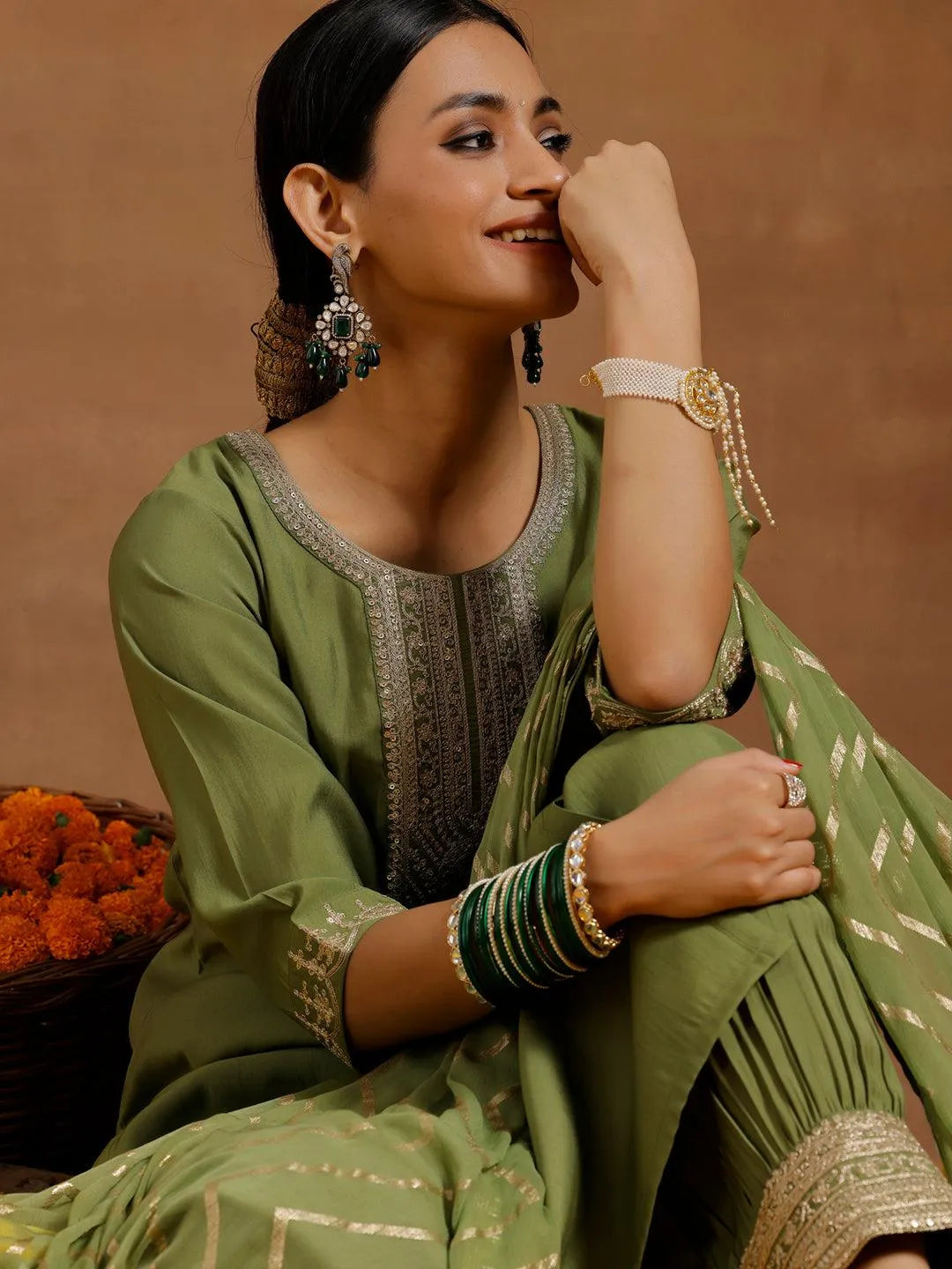 Gerua Green Yoke Design Silk Blend Straight Suit With Dupatta