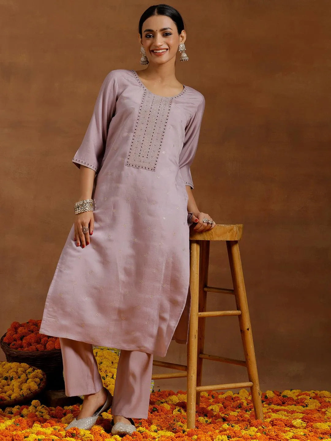 Gerua Lavender Embroidered Silk Blend Straight Kurta Set
