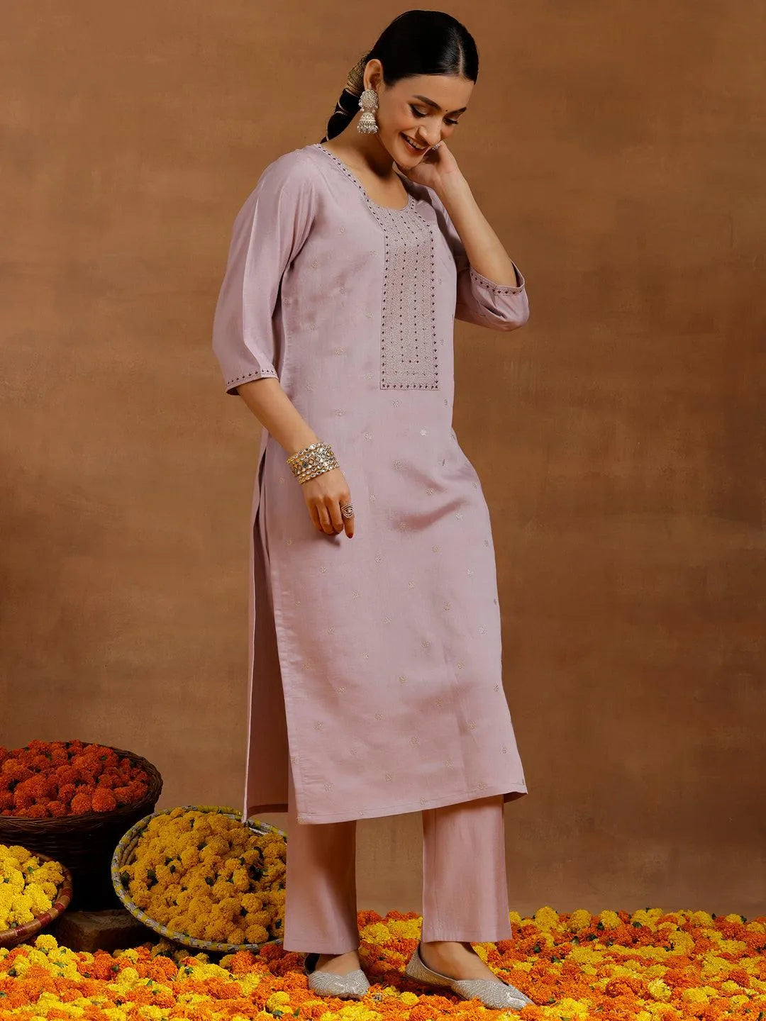 Gerua Lavender Embroidered Silk Blend Straight Kurta Set