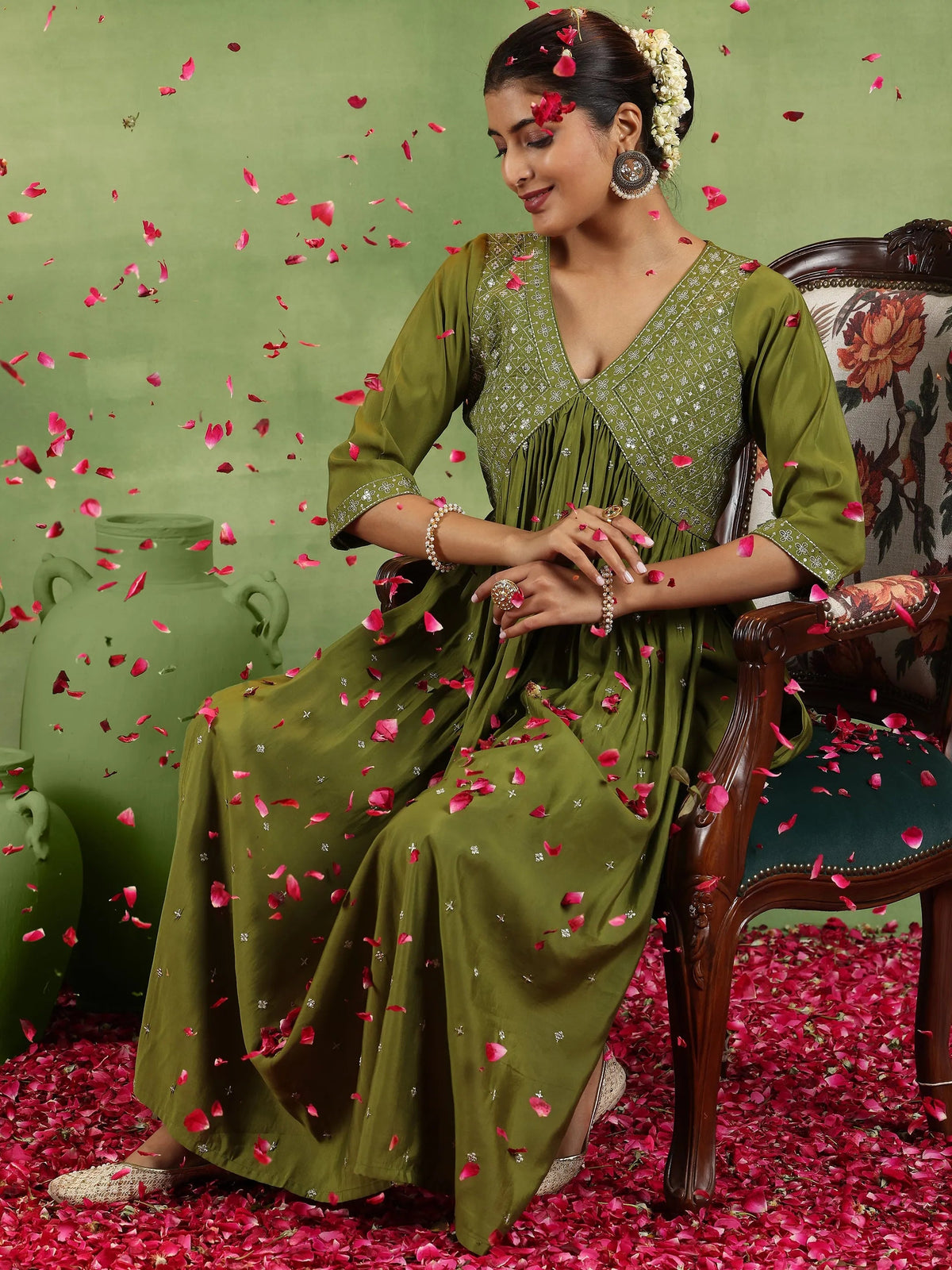 Gerua Olive Embroidered Silk Blend A-Line Kurta With Trousers