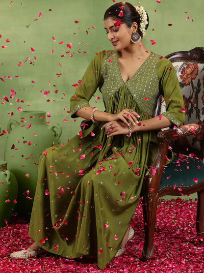 Gerua Olive Embroidered Silk Blend A-Line Kurta With Trousers