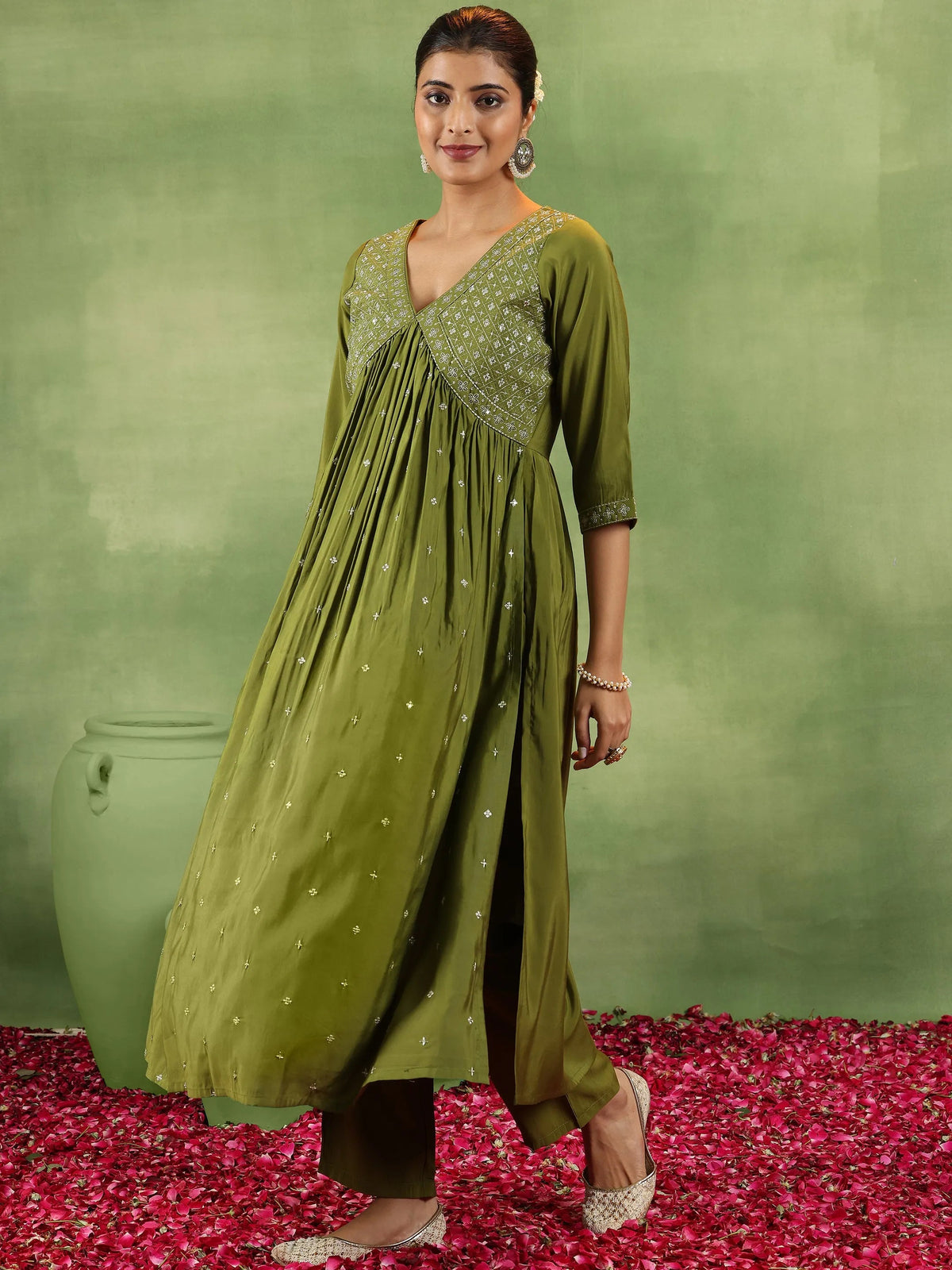 Gerua Olive Embroidered Silk Blend A-Line Kurta With Trousers