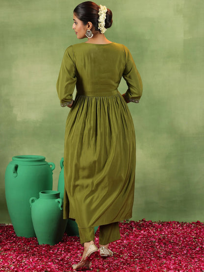Gerua Olive Embroidered Silk Blend A-Line Kurta With Trousers