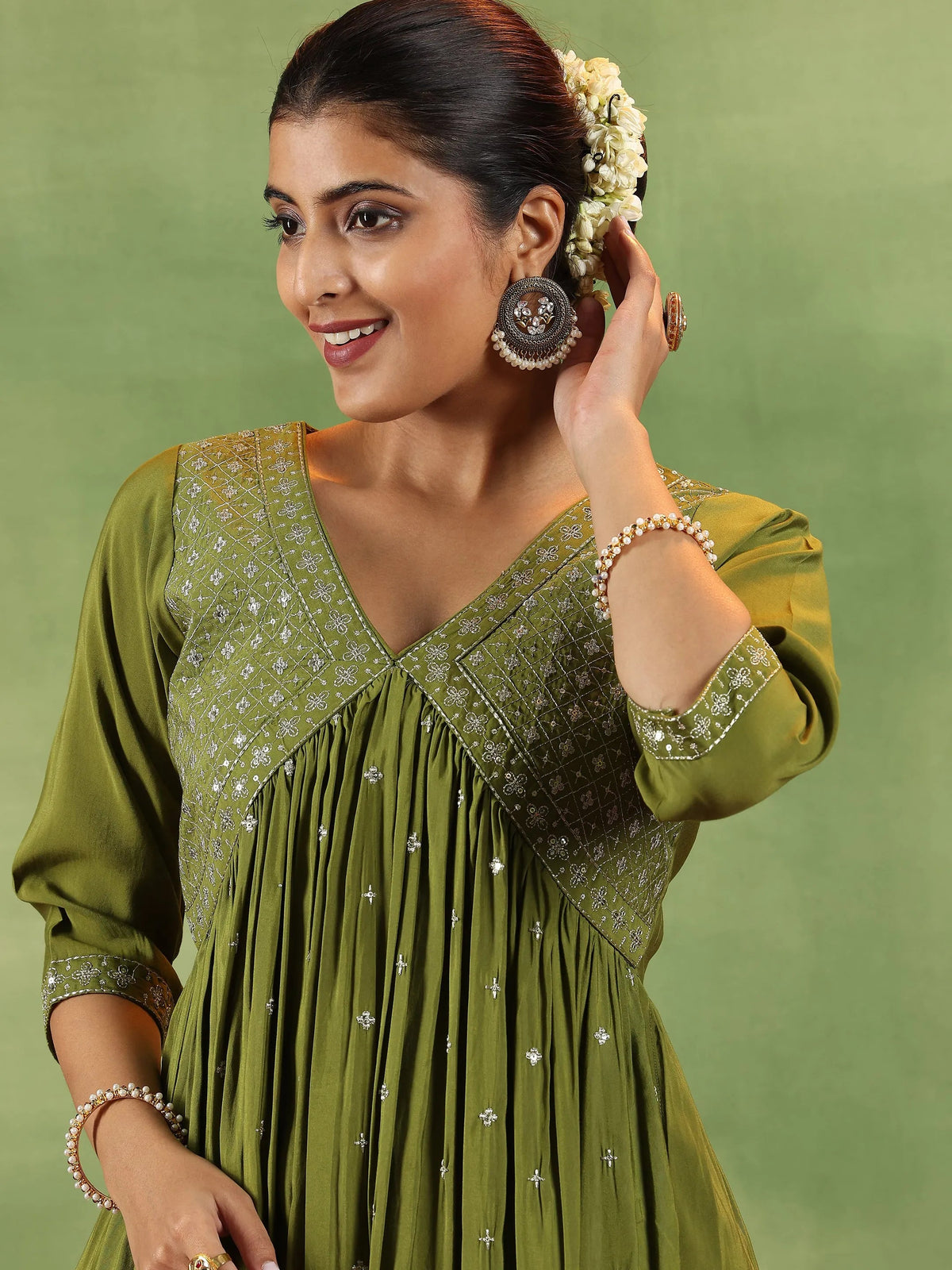 Gerua Olive Embroidered Silk Blend A-Line Kurta With Trousers