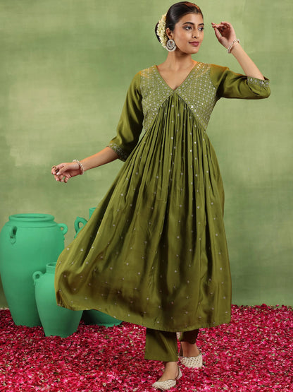 Gerua Olive Embroidered Silk Blend A-Line Kurta With Trousers