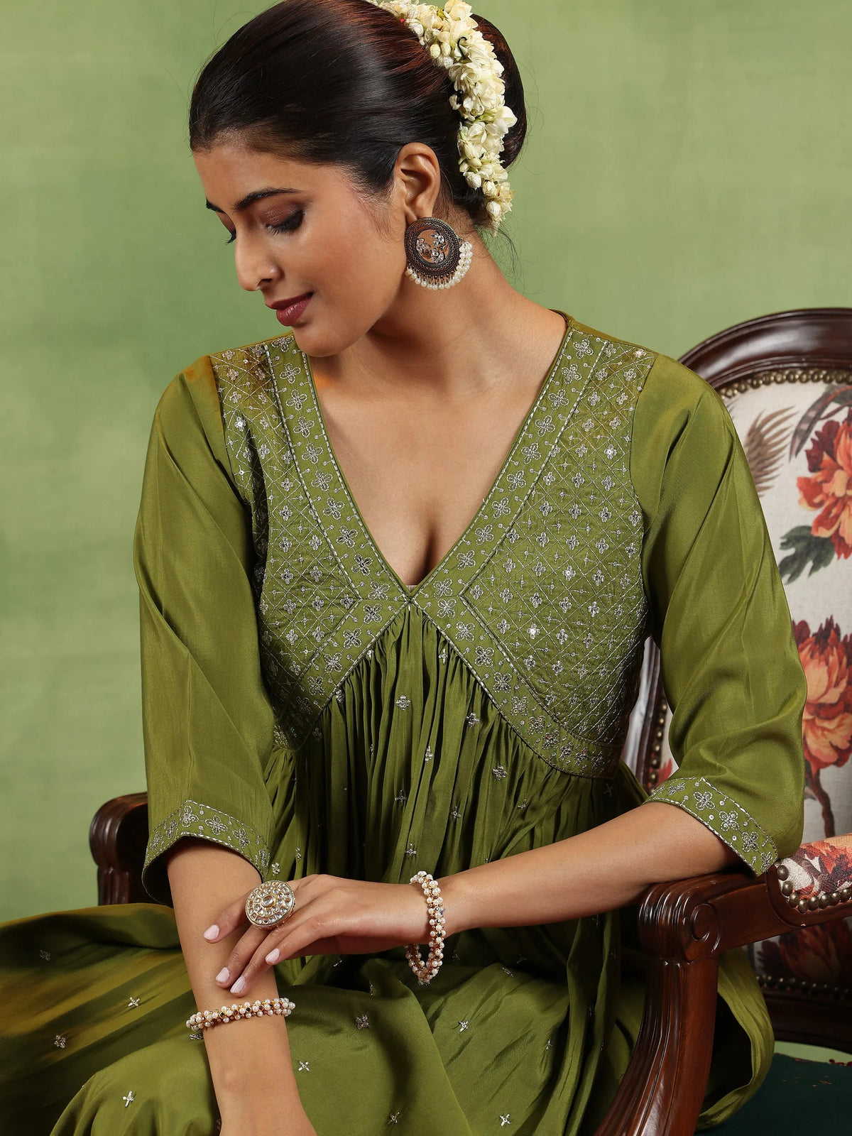 Gerua Olive Embroidered Silk Blend A-Line Kurta With Trousers