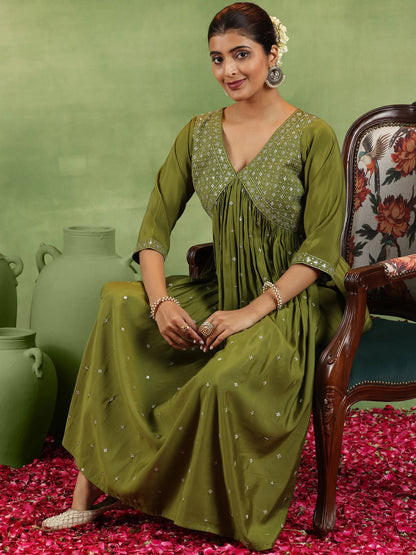 Gerua Olive Embroidered Silk Blend A-Line Kurta With Trousers