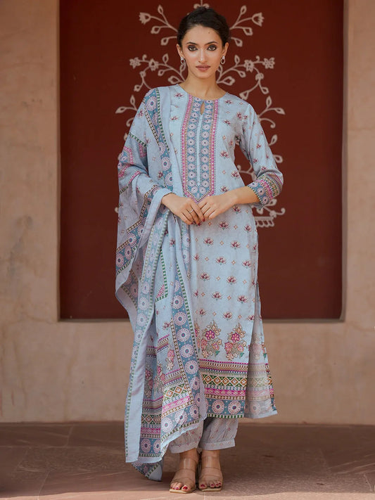 Gerua Blue Printed Poly Crepe Straight Suit With Dupatta